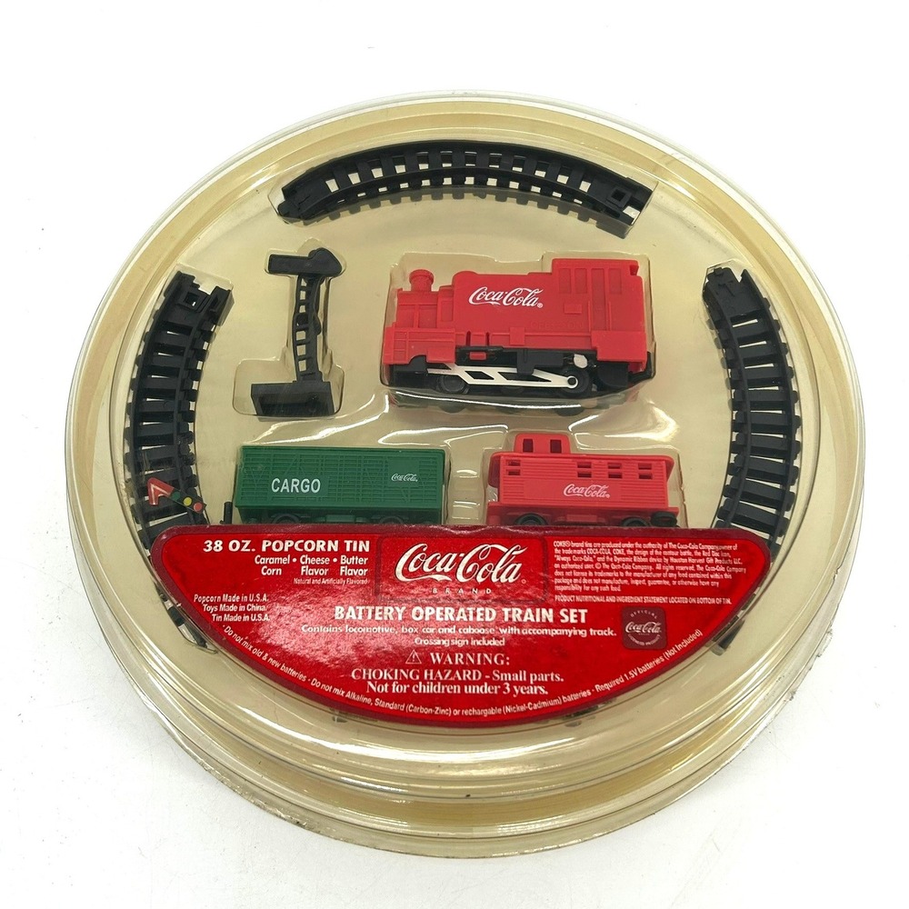 Coca-Cola Battery Operated Train Set Popcorn Tin Lid Locomotive Track Cargo Red